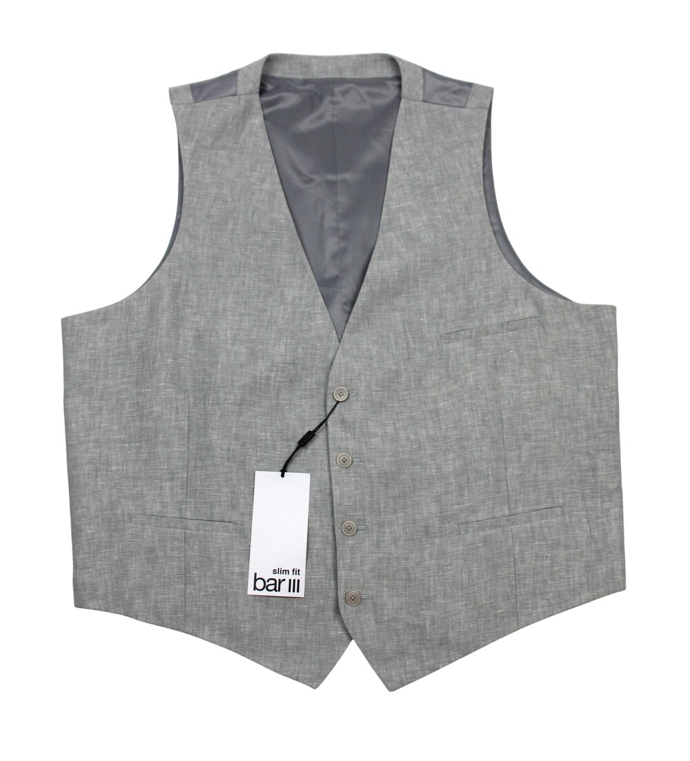 Bar III Suit Vest Mens XL Grey Slim Fit Linen 3 Piece Belted Business Wedding
